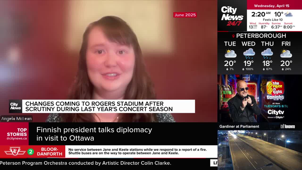 A woman with brown hair is speaking on a video call, with a banner below her that reads "CHANGES COMING TO ROGERS STADIUM AFTER SCRUTINY DURING LAST YEAR'S CONCERT SEASON." Further down, a headline announces "FINNISH PRESIDENT TALKS DIPLOMACY IN VISIT TO OTTAWA."