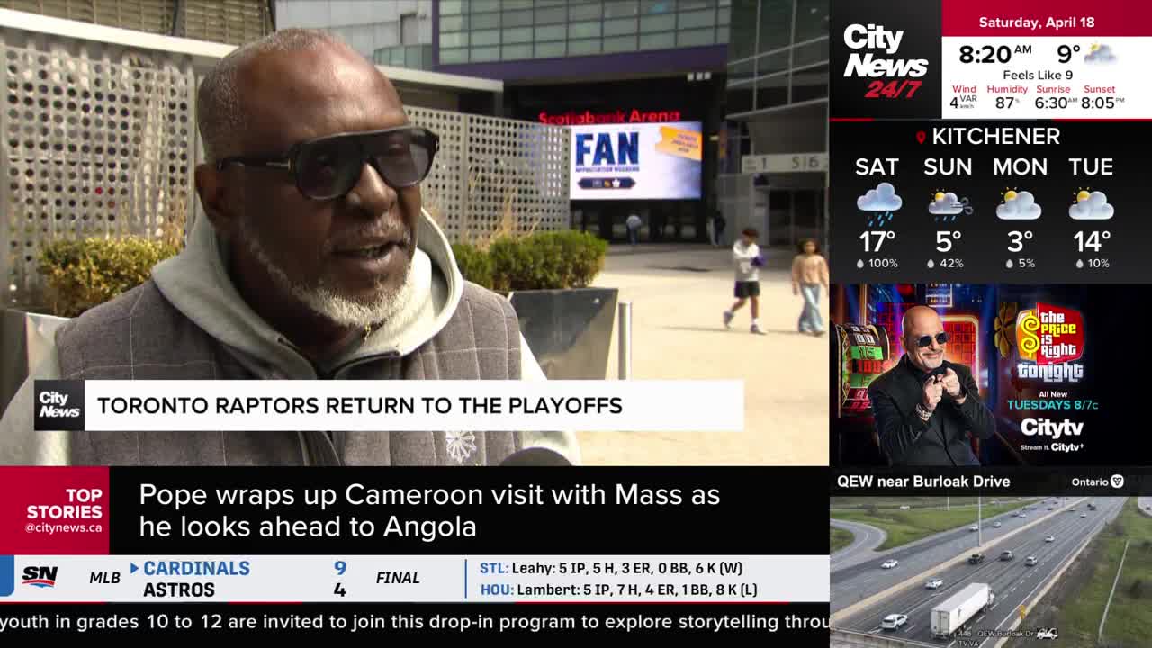 A man in sunglasses speaks outside Scotiabank Arena, where a large screen displays "FAN." Two young people walk past in the background, and a CityNews Toronto graphic announces the Raptors' playoff return.