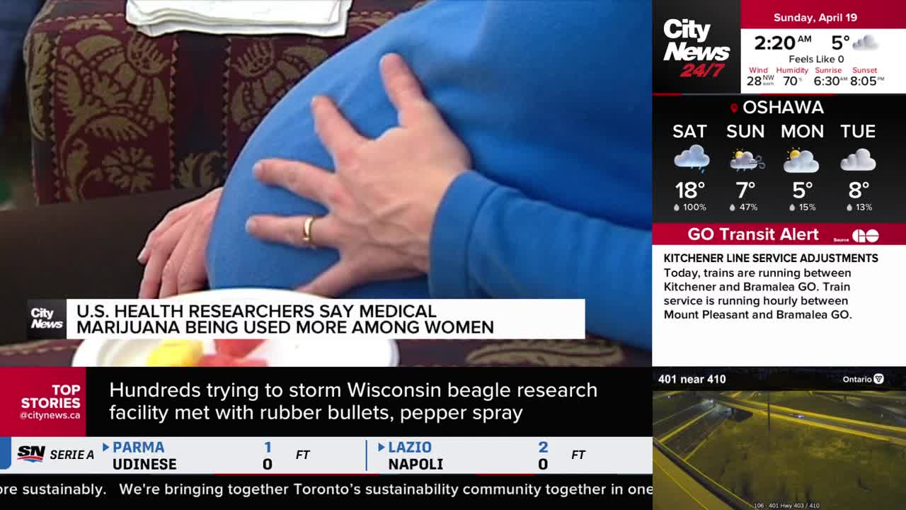 A hand rests on a blue garment, fingers splayed. A CityNews Toronto graphic displays weather updates for Oshawa and transit alerts for the Kitchener line.