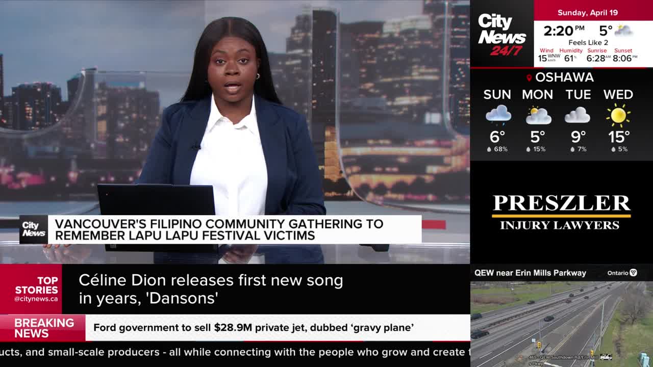 Cars are moving along the QEW near Erin Mills Parkway. A news anchor stands in front of a city skyline, reporting on current events.