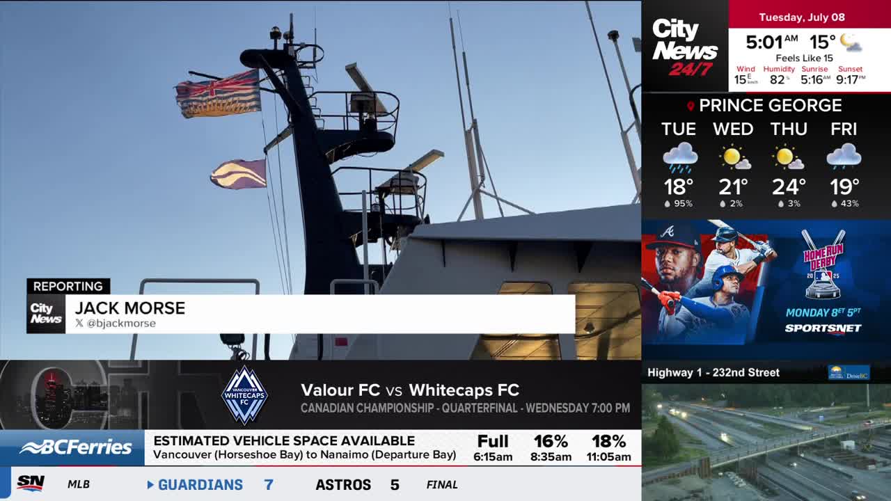 A ship's mast and radar equipment are silhouetted against a clear sky. CityNews Vancouver is reporting, and the weather forecast for Prince George is displayed on the right.
