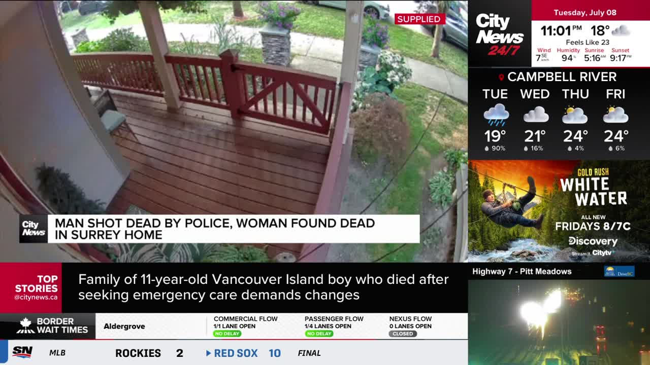 A news graphic from CityNews Vancouver displays a headline about a shooting in Surrey, alongside a weather forecast and traffic updates. Above the news, a supplied photo shows a wooden porch with a red railing.
