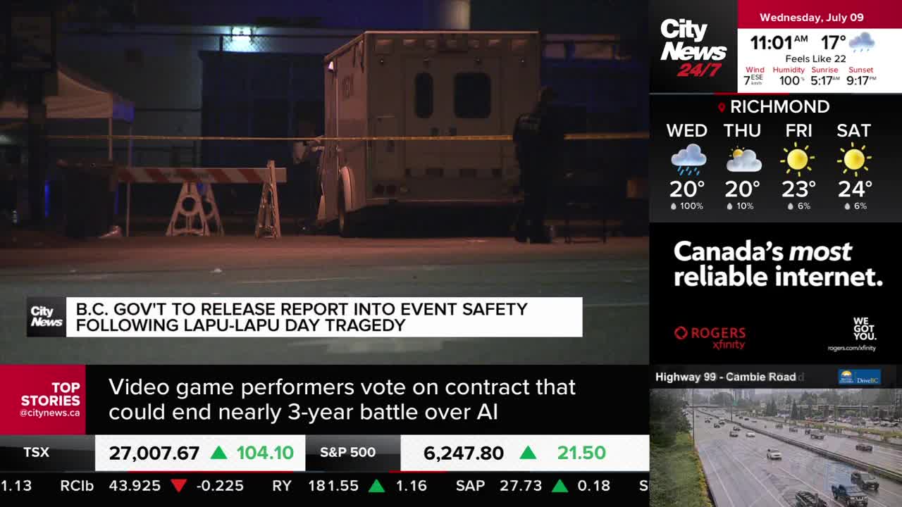 Yellow tape cordons off an area in front of a large, white vehicle. A CityNews Vancouver report details the B.C. government's response to a Lapu-Lapu Day tragedy.
