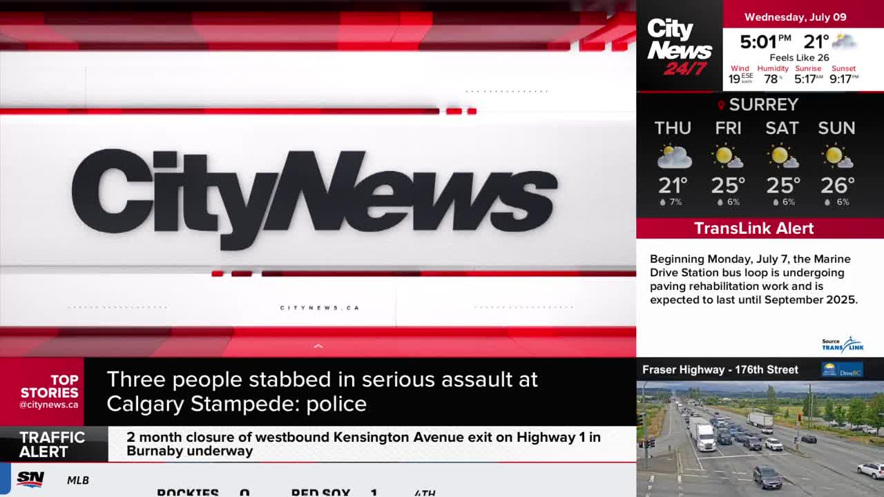 The CityNews logo dominates the screen, with a headline about a stabbing at the Calgary Stampede displayed below. Weather information for Surrey and a traffic camera view from Fraser Highway are also visible.
