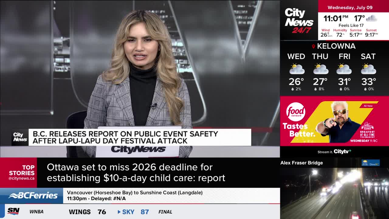 A news anchor in a grey blazer and black turtleneck speaks from a CityNews Vancouver studio. The screen behind her displays weather forecasts for Kelowna and a segment on the Alex Fraser Bridge.
