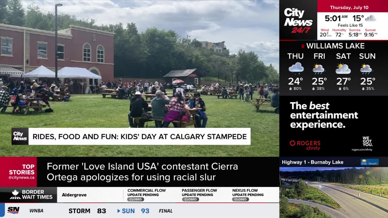 People are gathered on the grass at Calgary Stampede, some sitting at picnic tables. CityNews Vancouver is reporting on the family-friendly event.
