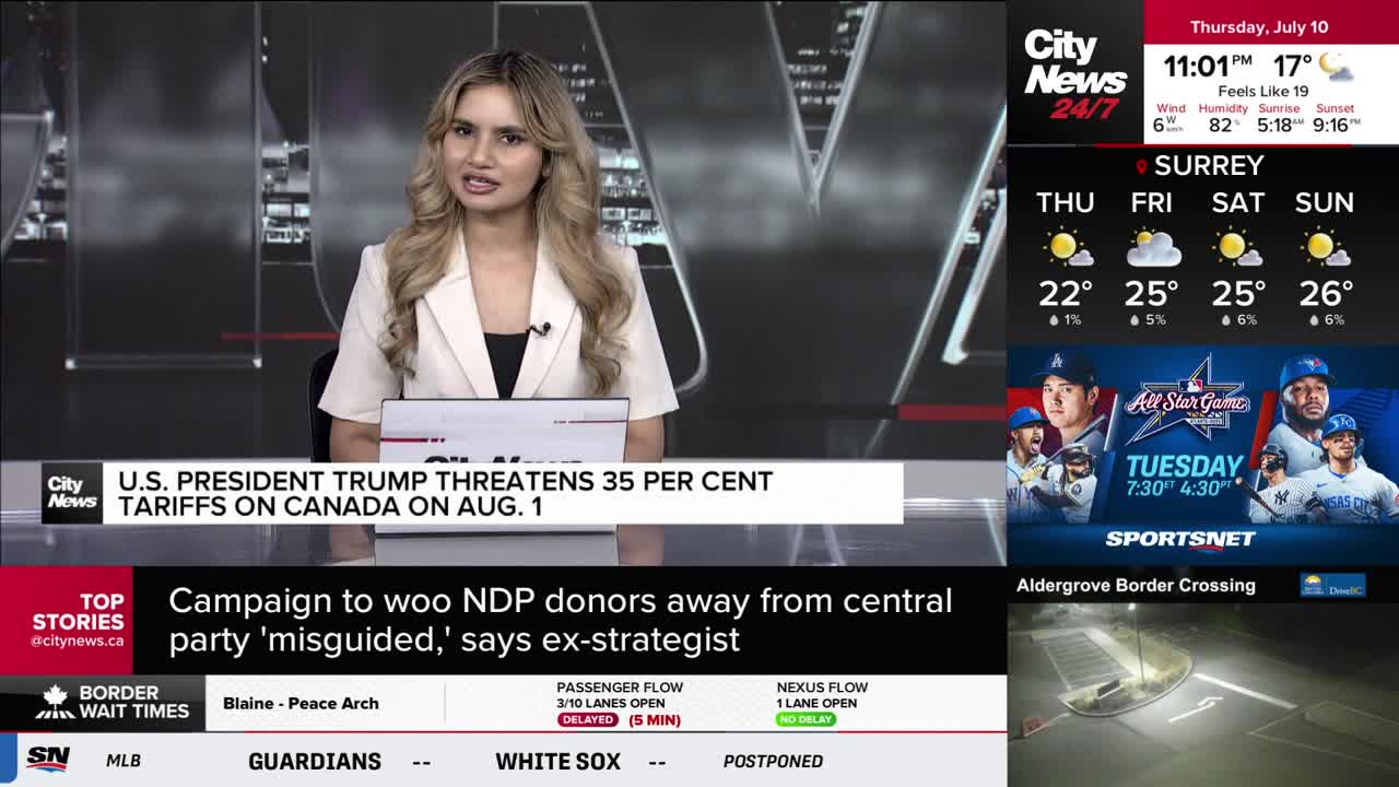 A CityNews Vancouver anchor is speaking directly to the camera, with a headline about U.S. tariffs on Canada displayed below. Beside her, a weather forecast for Surrey and a Sportsnet graphic are visible on the screen.

