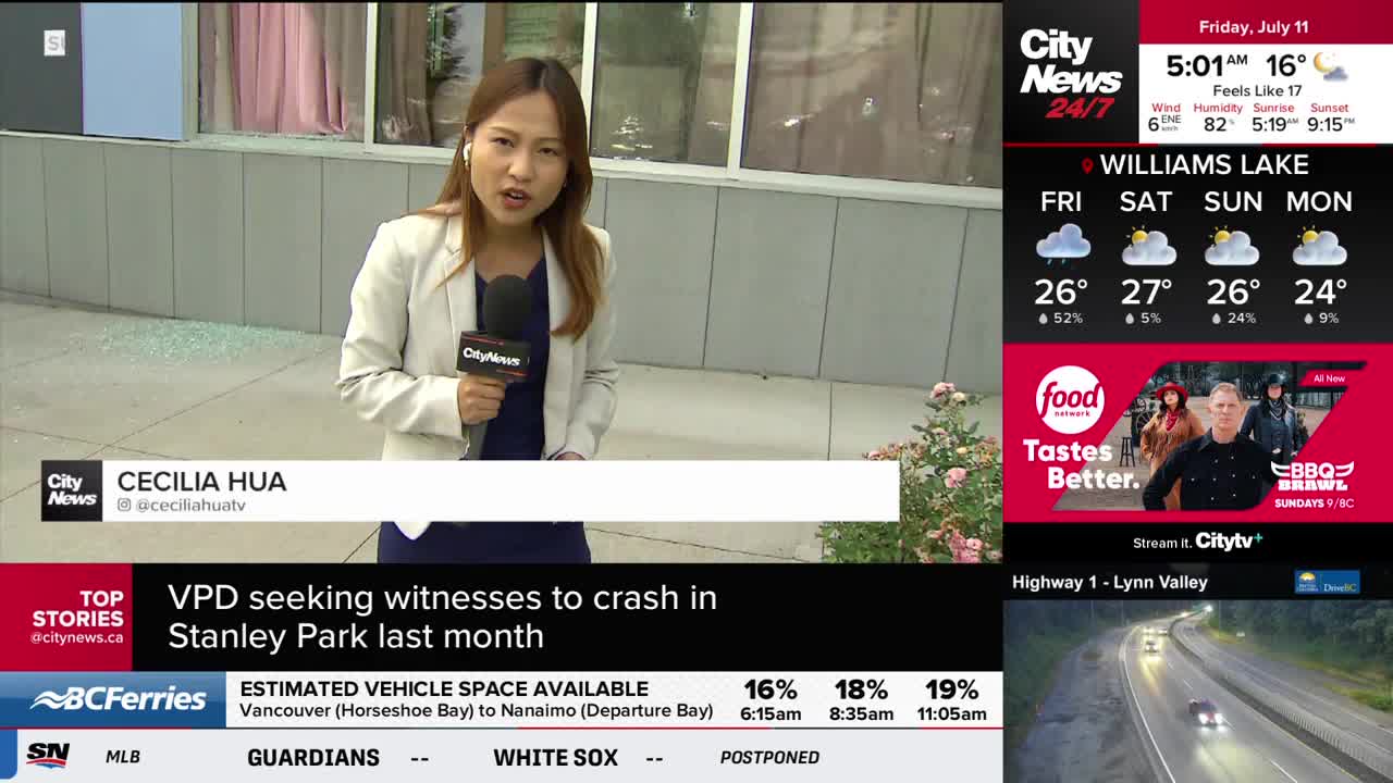 Cecilia Hua from CityNews Vancouver stands outside, holding a microphone and speaking directly to the camera. The screen displays weather information for Williams Lake and a headline about a Stanley Park crash.
