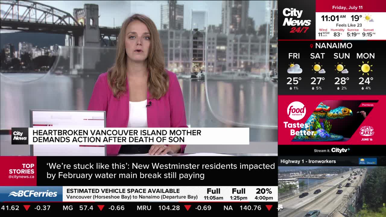 A CityNews Vancouver anchor, wearing a pink blazer, speaks directly to the camera. Graphics about Vancouver Island and Nanaimo weather fill the screen's edges.
