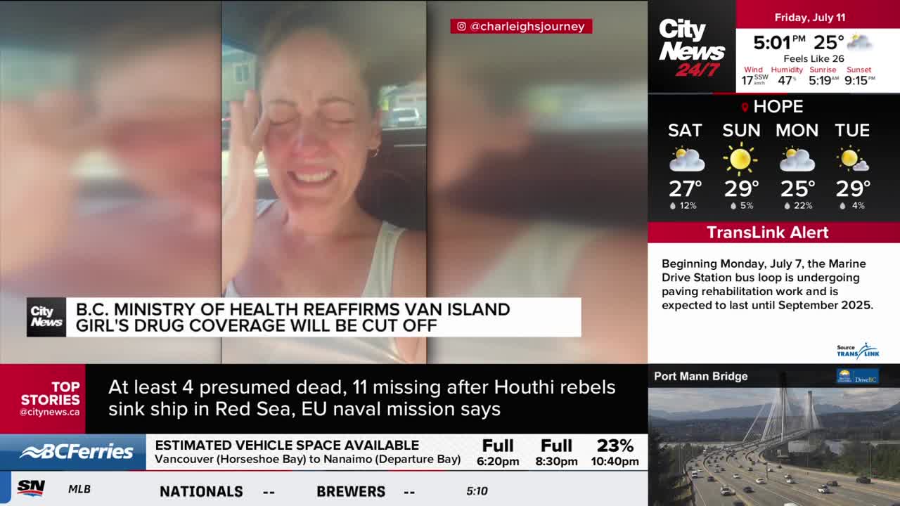 A woman in a car is visibly upset, wiping tears from her face. CityNews Vancouver is reporting on the B.C. Ministry of Health's decision regarding a girl's drug coverage.
