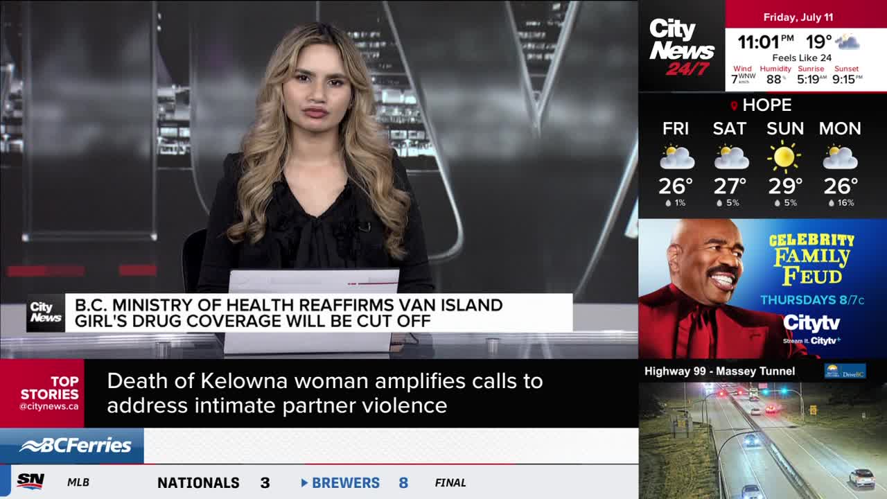A CityNews Vancouver anchor is seated at a desk, reporting on a story about drug coverage. Below her, headlines flash across the screen, including one about a Kelowna woman.
