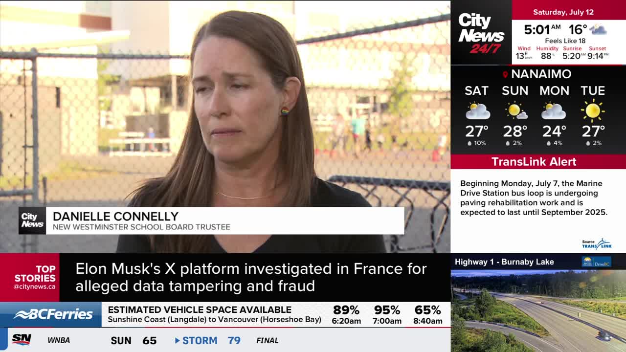 Danielle Connelly, a New Westminster School Board Trustee, is speaking on CityNews Vancouver. Behind her, a chain-link fence and a blurry outdoor scene are visible.
