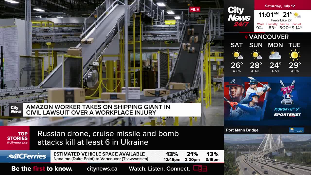 Cardboard boxes are steadily moving along a series of conveyor belts, heading up and down in an Amazon warehouse. CityNews Vancouver is reporting on a civil lawsuit involving an Amazon worker.
