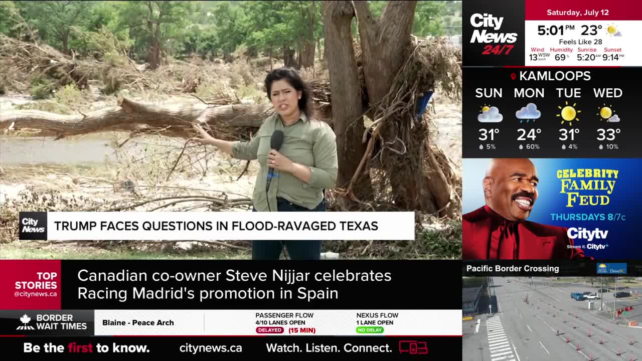 A CityNews Vancouver reporter stands in front of a debris-strewn landscape, gesturing towards the damage. The screen displays a headline about Trump and flood-ravaged Texas, with weather updates for Kamloops and a border crossing report.
