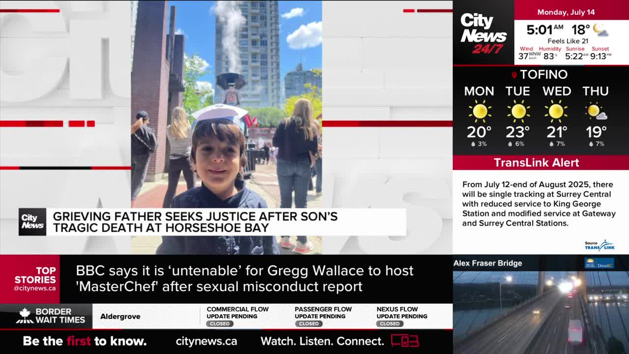 A young boy smiles at the camera, framed by a banner from CityNews Vancouver reporting on a tragic death at Horseshoe Bay. Behind him, people stand on a sunny street, and a tall building rises into the blue sky.
