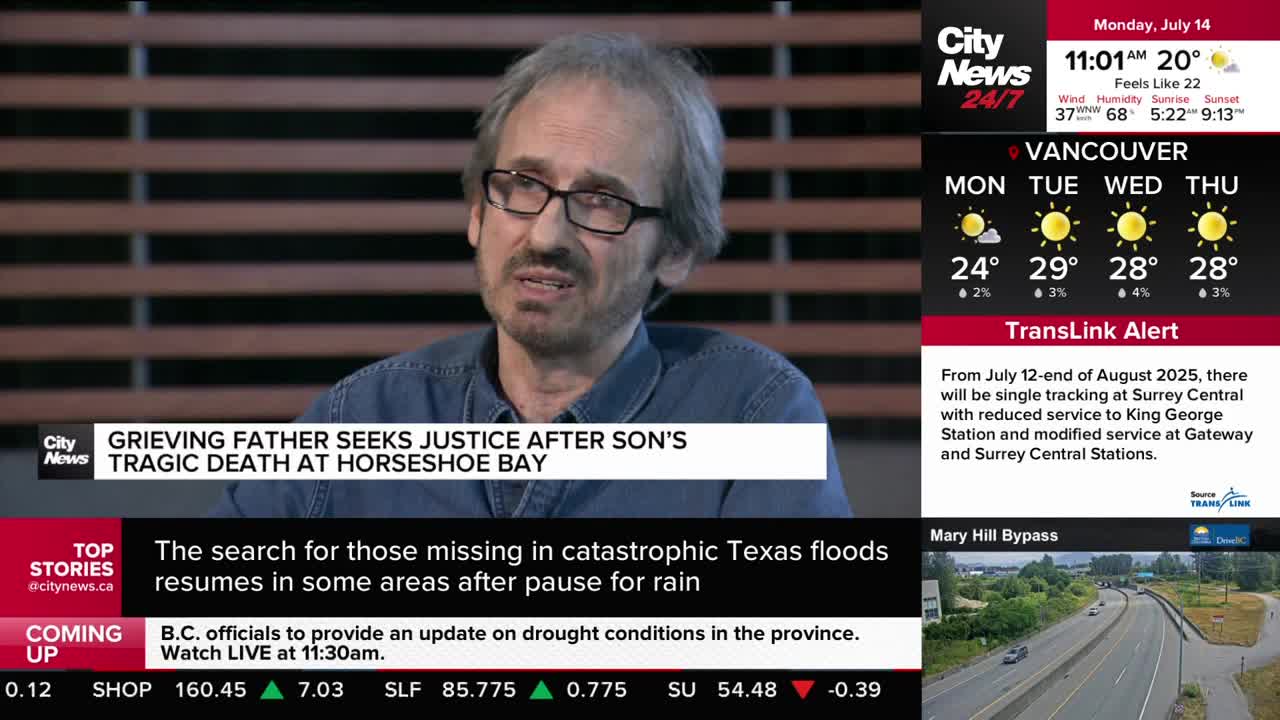 A man in glasses speaks on the CityNews Vancouver set. The headline indicates he's a grieving father seeking justice after his son's death in Horseshoe Bay.
