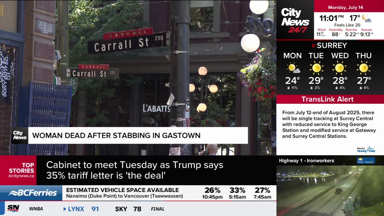 Carrall Street signs are visible, with the CityNews Vancouver banner below reporting a stabbing in Gastown. The weather forecast for Surrey is displayed on the right, with a TransLink alert underneath.
