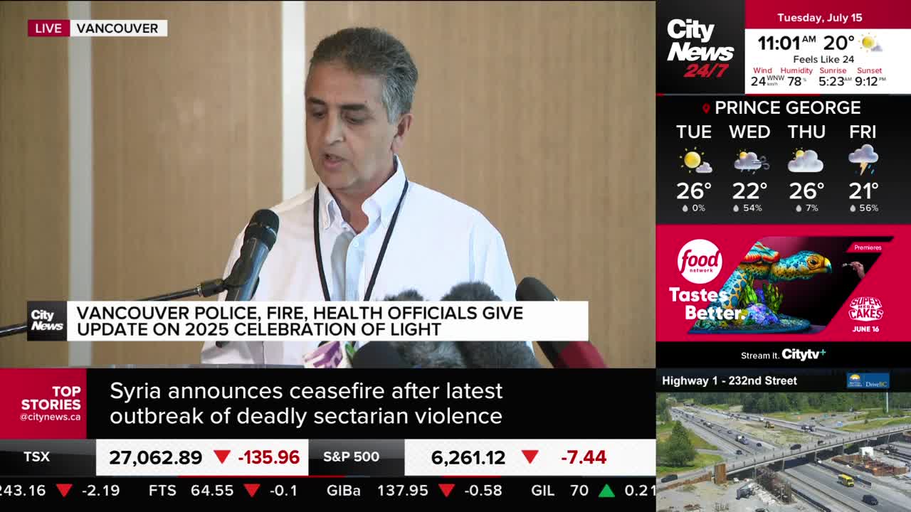 A man in a white shirt speaks into a microphone, likely addressing the press, as seen on CityNews Vancouver. The screen displays a headline about the 2025 Celebration of Light and the day's weather forecast for Prince George.
