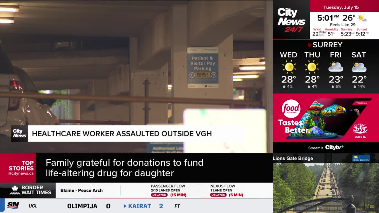 A white car is parked under the concrete structure, near a sign for patient parking. The CityNews Vancouver headline reports an assault on a healthcare worker outside VGH.
