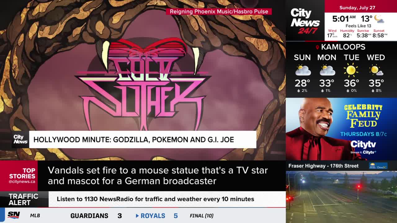 The CityNews Vancouver screen displays a "Hollywood Minute" segment, with the words "Cult Sother" over a stylized illustration of a snake. The broadcast also provides weather updates for Kamloops and a traffic alert.
