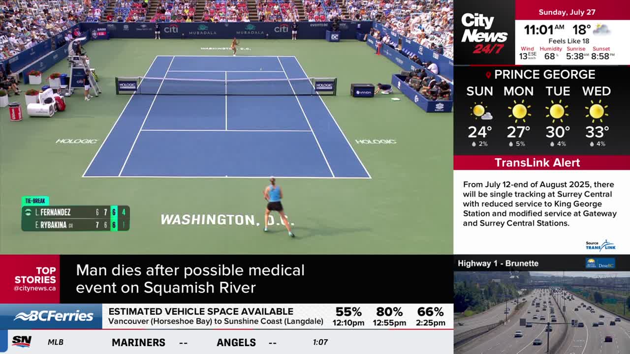 On the blue court, a player in a blue top prepares to return a shot. Across the screen, CityNews Vancouver flashes a weather report and a TransLink alert.
