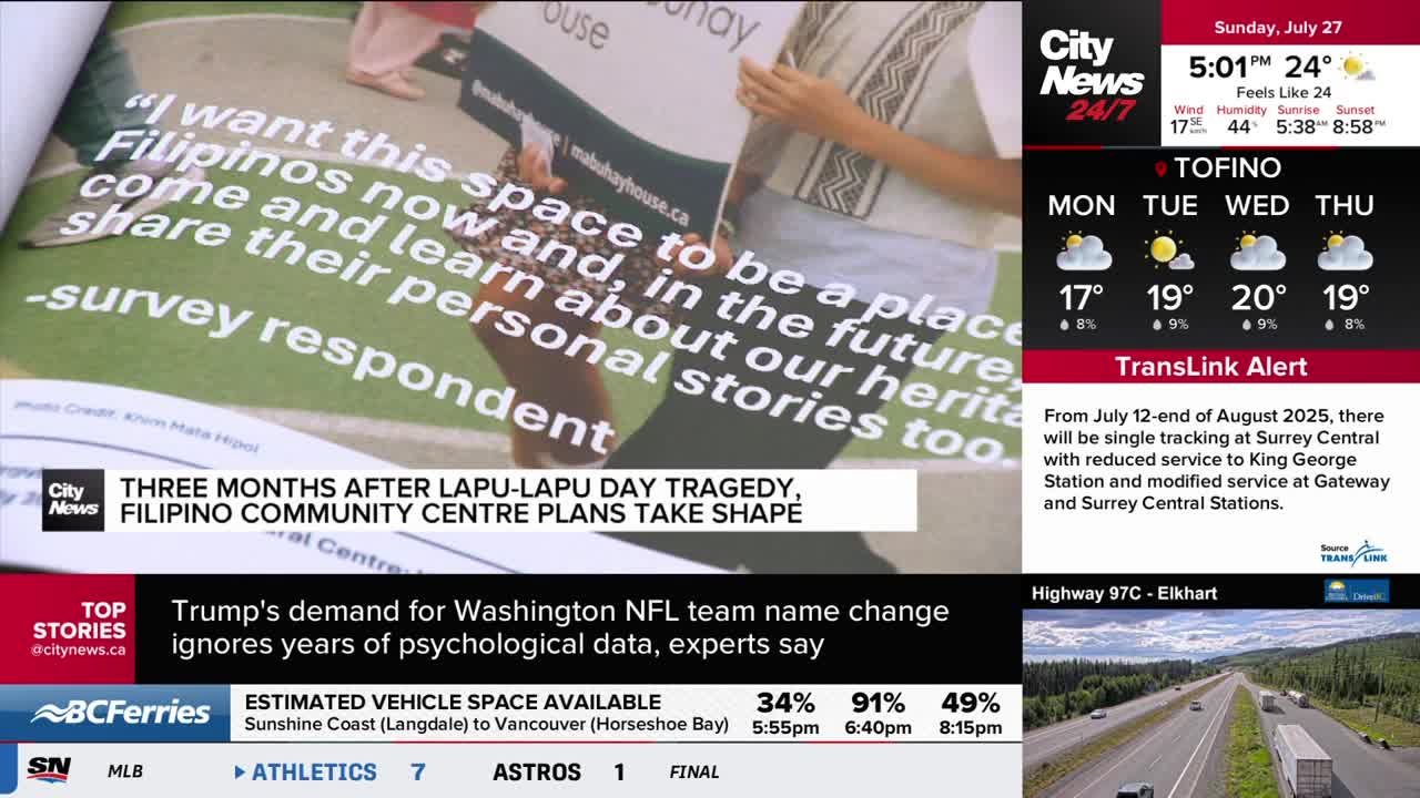 The CityNews Vancouver screen displays a story about a Filipino community center, with a quote about creating a space for Filipinos. Beside it, the weather forecast for Tofino shows the coming week's temperatures.
