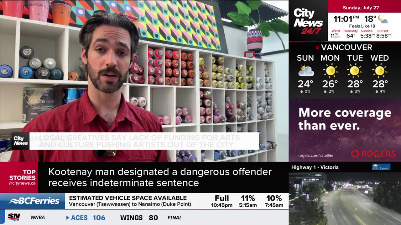 A man in a red shirt speaks directly to the camera, with a wall of colorful spray paint cans behind him. A CityNews Vancouver graphic runs across the bottom, reporting on local artists.
