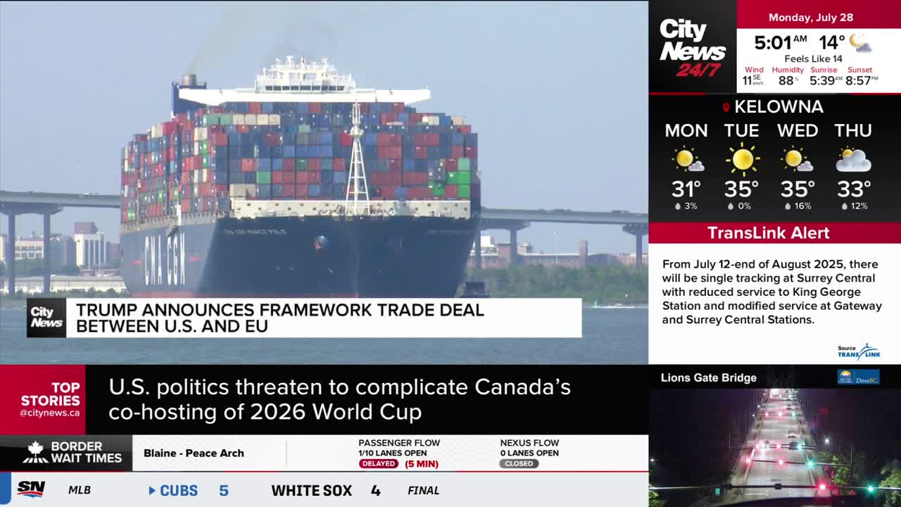 A massive cargo ship, packed with colorful containers, glides past the Lions Gate Bridge, as seen on CityNews Vancouver. The news ticker reports on a trade deal between the U.S. and the EU.
