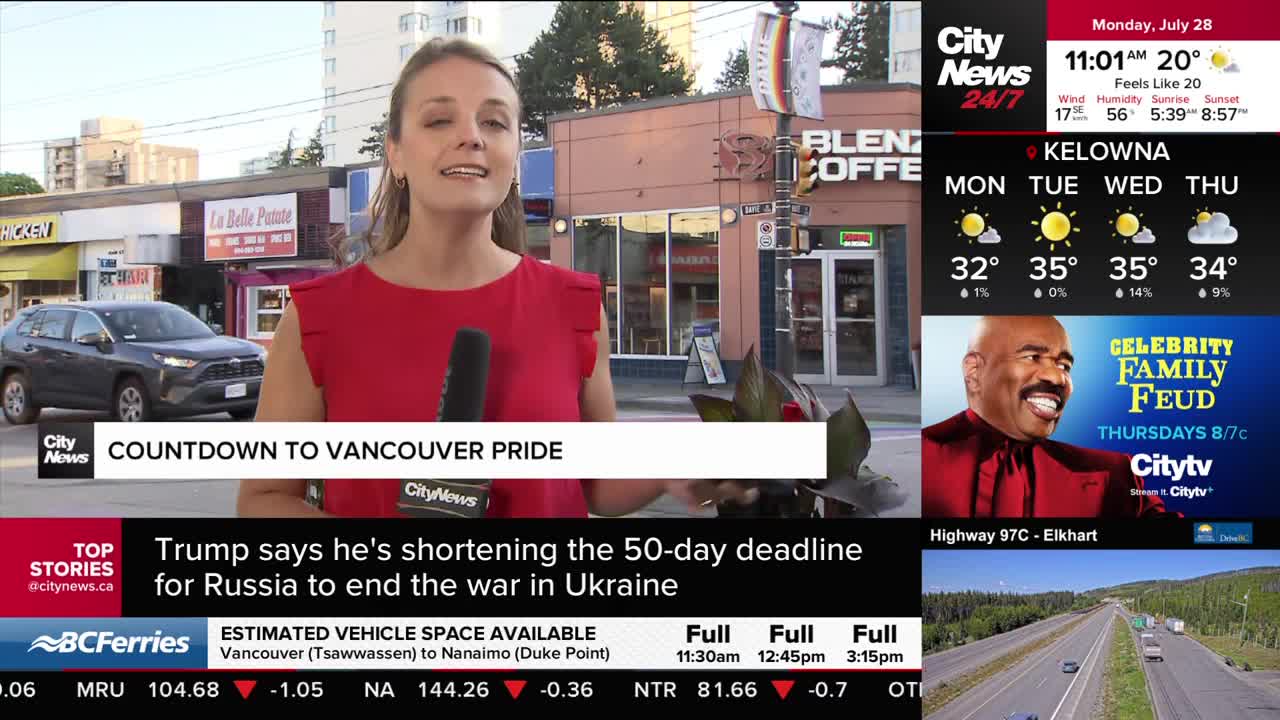 A CityNews Vancouver reporter, holding a microphone, speaks in front of a coffee shop. Cars drive past on the street, and the weather forecast for Kelowna is visible on the screen.
