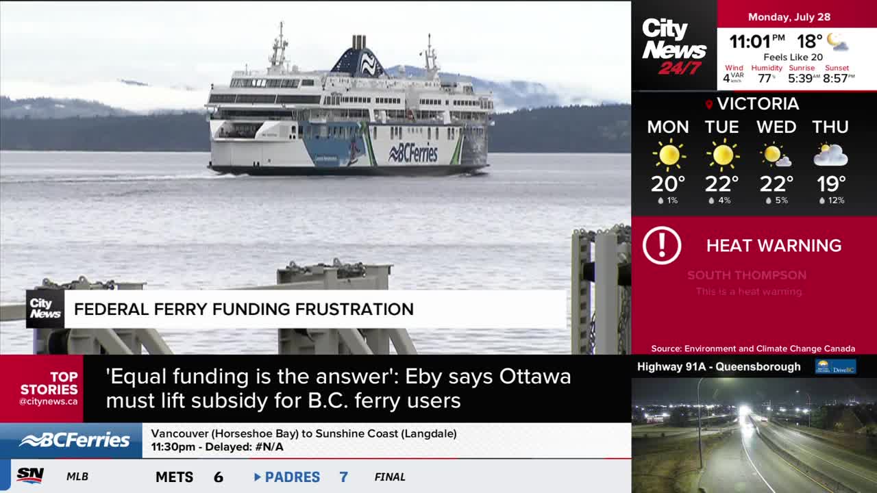A BC Ferries vessel is underway on the water, its white and blue hull visible.  CityNews Vancouver is reporting on federal funding issues, with a headline about ferry user subsidies.
