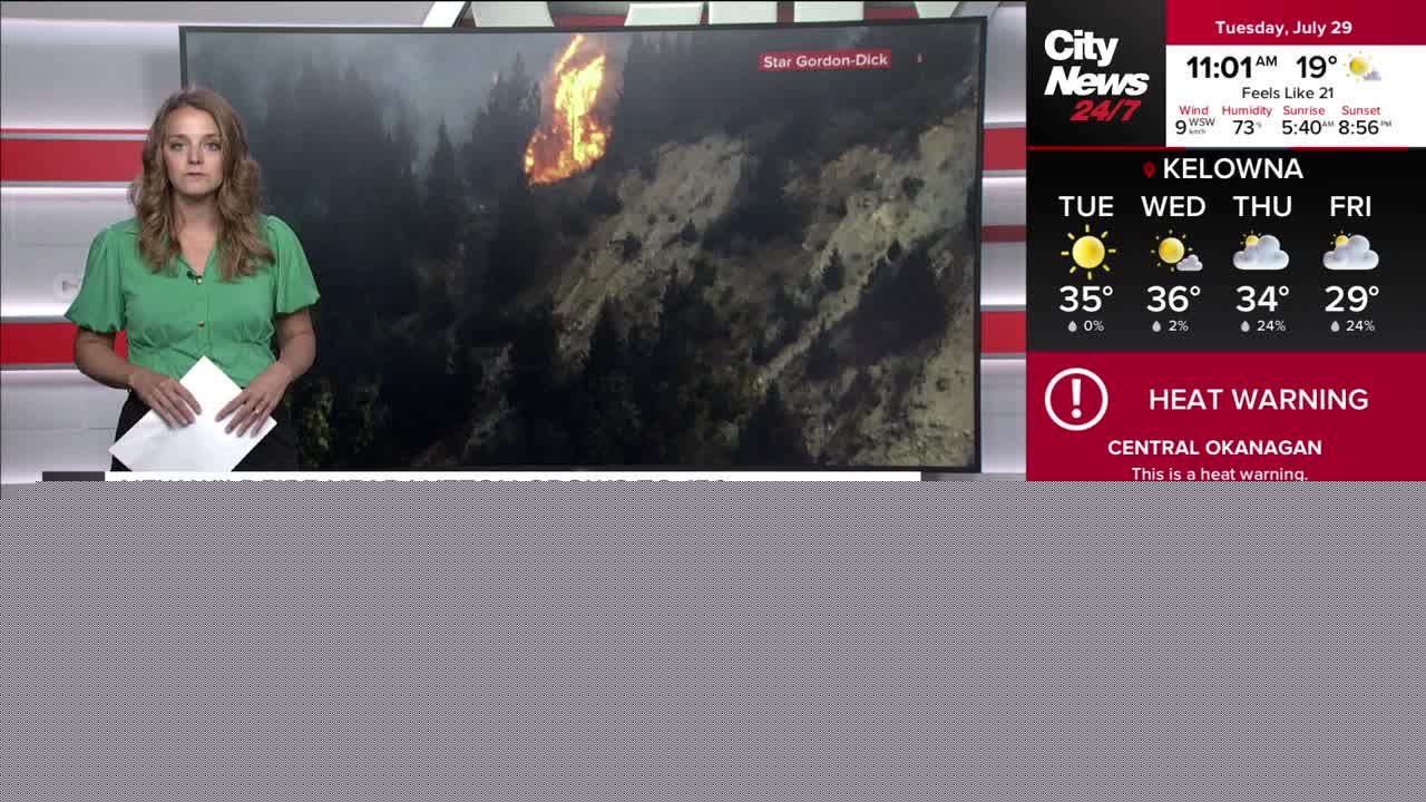 A CityNews Vancouver anchor stands in front of a screen showing a wildfire burning in a forest. The broadcast also includes a weather report for Kelowna, with a heat warning in effect.
