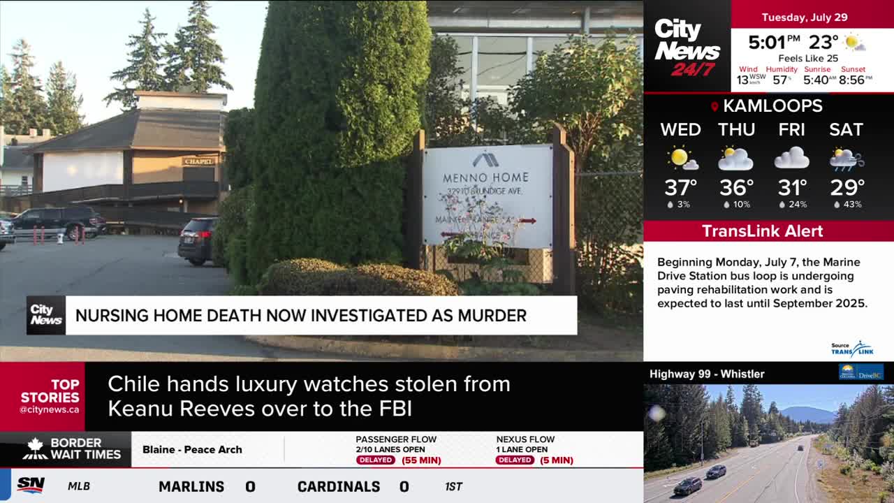 The sign for Menno Home, a nursing facility, is visible near a tree, with the CityNews Vancouver headline reporting a death now investigated as a murder. The weather forecast for Kamloops is shown, with a Translink alert about a bus loop undergoing paving.
