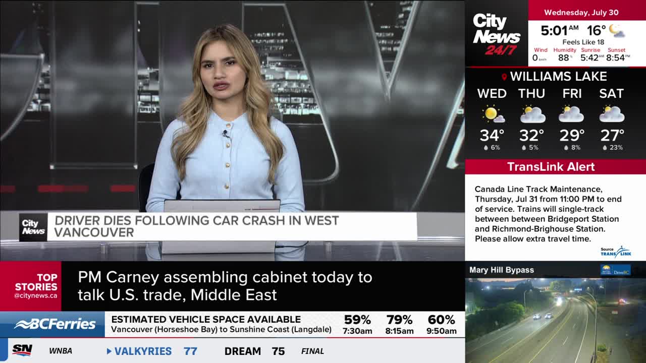 A CityNews Vancouver anchor is speaking, with a headline about a fatal car crash. The screen also displays the weather forecast for Williams Lake and a TransLink alert about Canada Line track maintenance.
