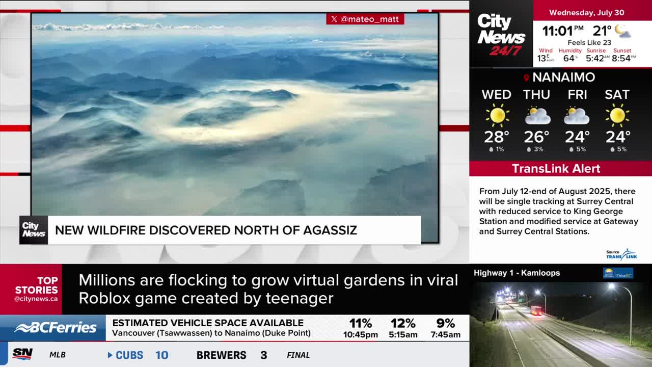 Over a mountain range, a hazy, smoky atmosphere hangs, as reported by CityNews Vancouver. The headline confirms a new wildfire's discovery north of Agassiz.
