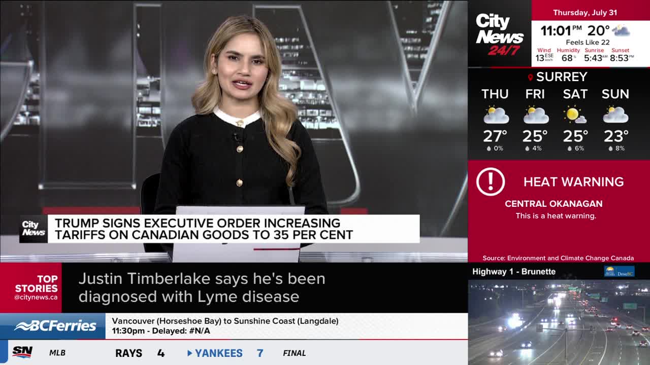 A CityNews Vancouver anchor is speaking, her face framed by blonde hair and a black blazer. Graphics flash across the screen, including a heat warning for Central Okanagan and news about tariffs on Canadian goods.
