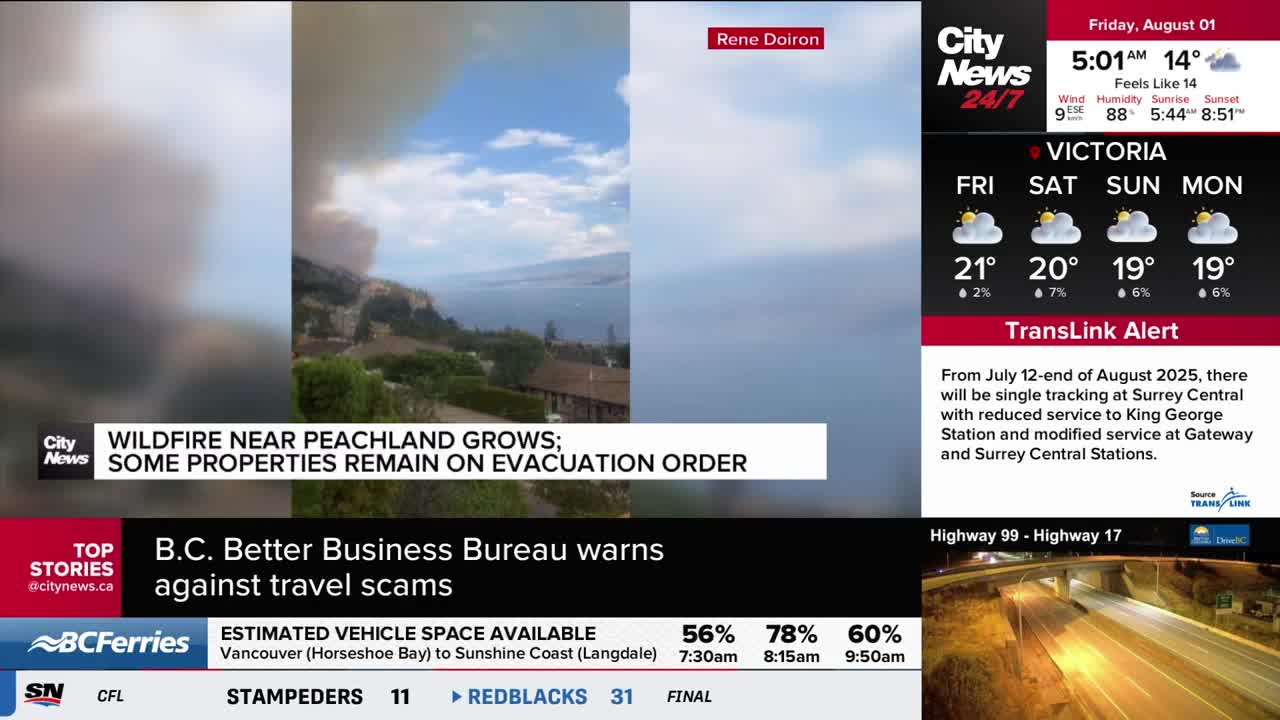 A CityNews Vancouver report shows a wildfire near Peachland, with smoke billowing over the landscape. The screen also displays a TransLink alert about service changes.
