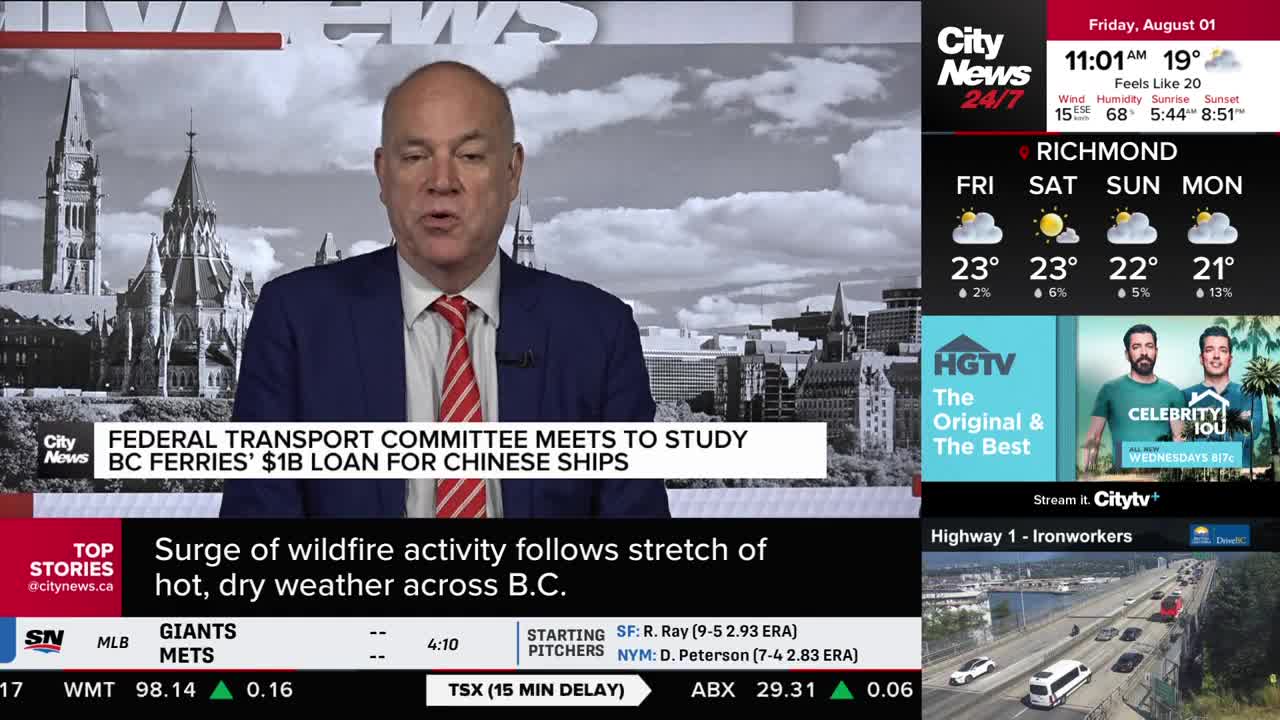A news anchor in a blue suit and red tie is speaking, framed by the CityNews Vancouver logo. The screen displays a story about BC Ferries and a weather forecast for Richmond.
