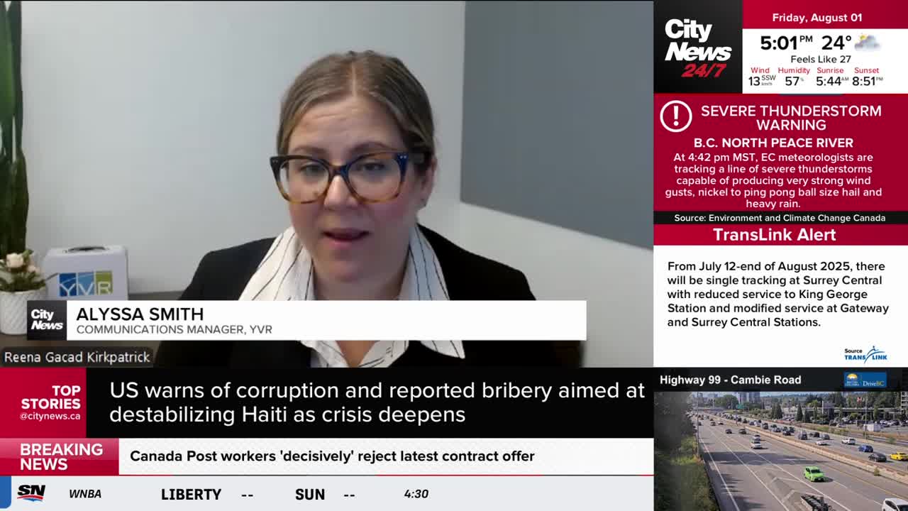 Alyssa Smith, Communications Manager for YVR, is speaking on CityNews Vancouver. The screen behind her displays weather alerts and traffic updates, including a severe thunderstorm warning for the B.C. North Peace River.
