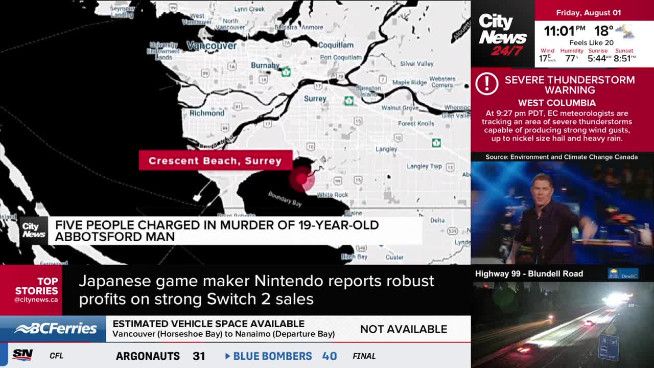 A map of the Vancouver area highlights Crescent Beach, Surrey, with a red marker. A CityNews Vancouver graphic reports on a murder and a severe thunderstorm warning.
