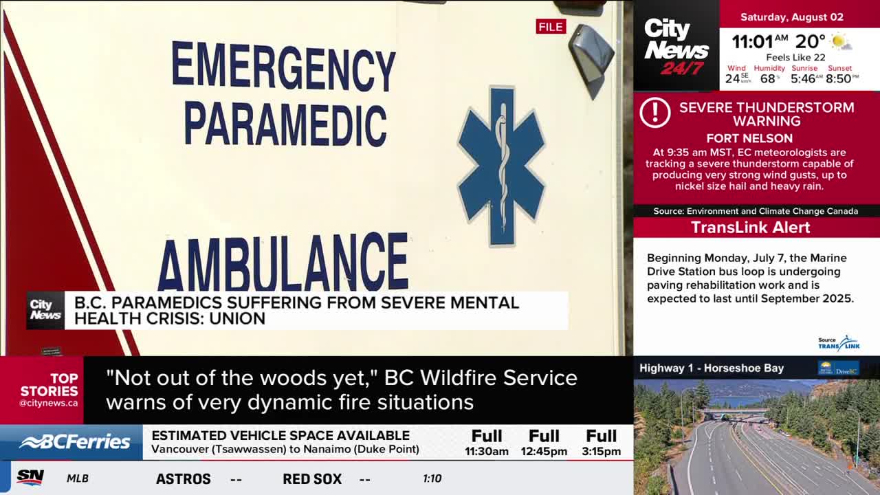 An ambulance door displays "Emergency Paramedic" and "Ambulance" in bold letters. A CityNews Vancouver graphic reports on B.C. paramedics facing a mental health crisis.
