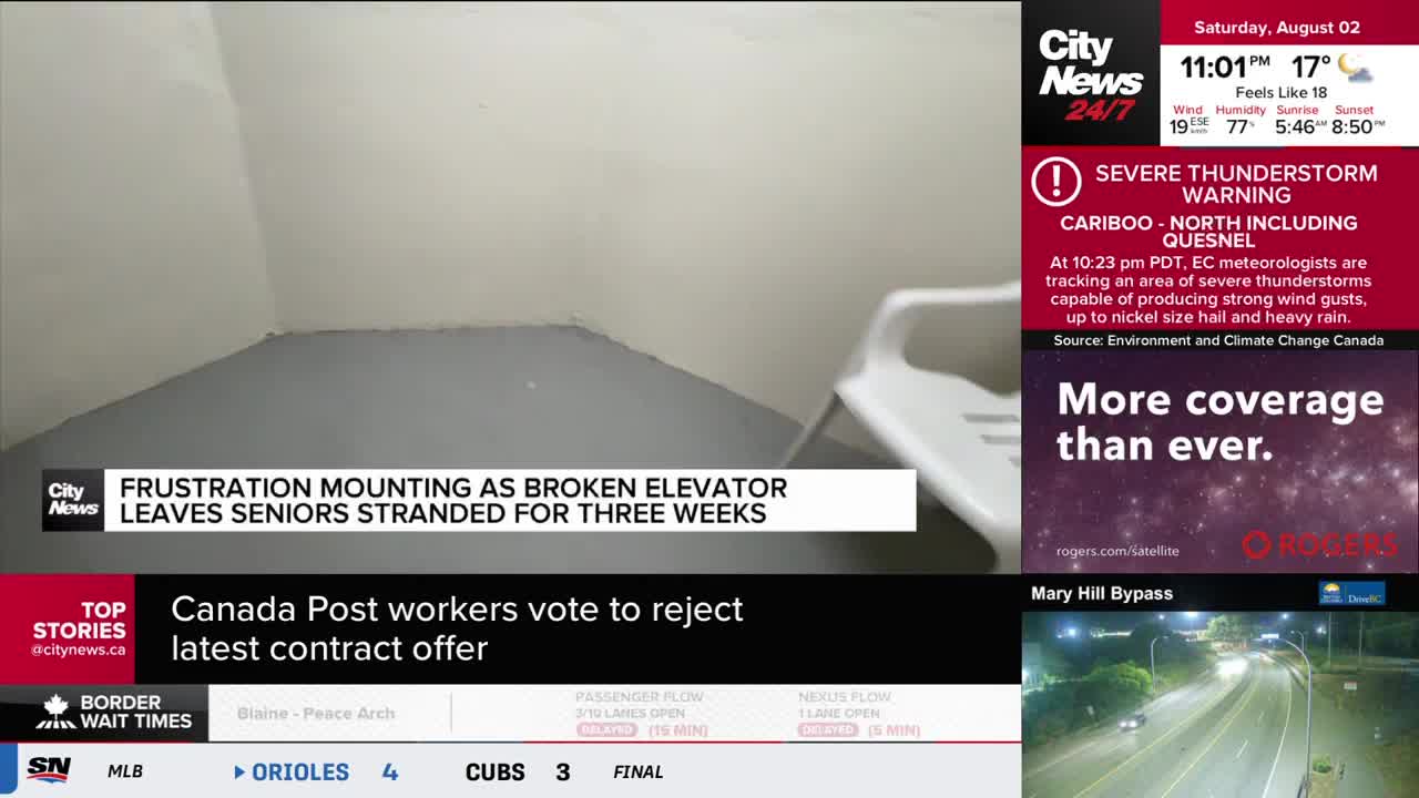 The CityNews Vancouver screen shows a headline about a broken elevator stranding seniors. A severe thunderstorm warning for Cariboo is also displayed, with details from Environment and Climate Change Canada.
