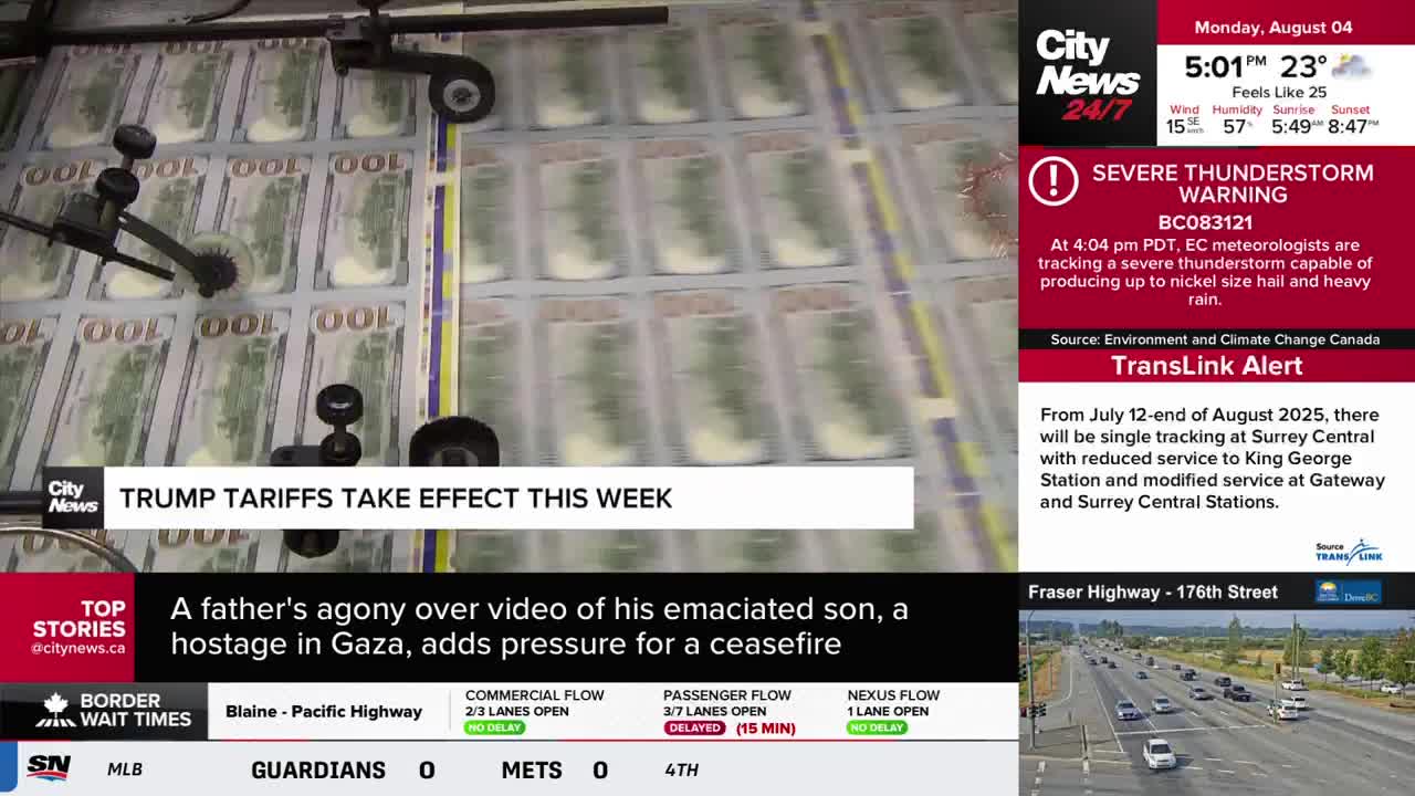 Sheets of freshly printed hundred-dollar bills are moving through a machine, the paper still crisp and aligned. A CityNews Vancouver graphic reports on the impact of Trump tariffs.
