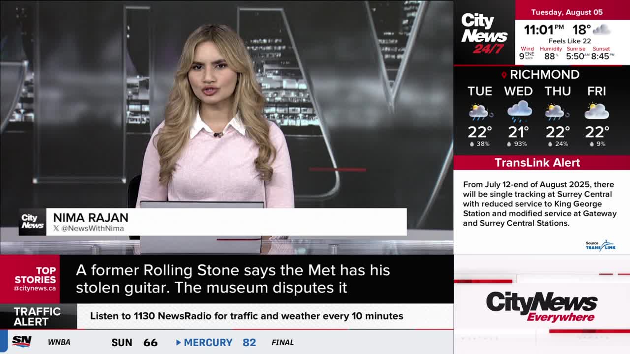 Nima Rajan of CityNews Vancouver is reporting from a studio, her image framed by the channel's branding and a weather forecast. Below her, a headline about a stolen guitar scrolls across the screen.
