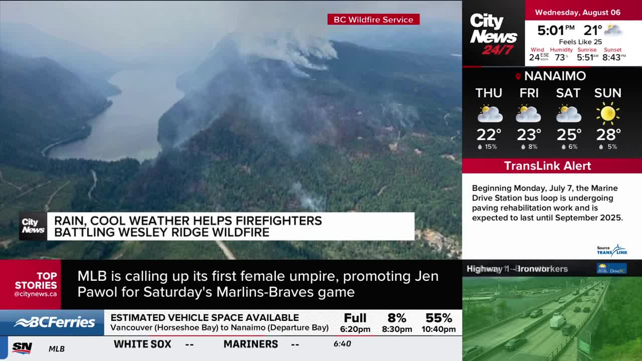 Smoke billows from a wildfire burning in the forested hills, as reported by CityNews Vancouver. A headline states that rain and cool weather are helping firefighters battling the blaze.

