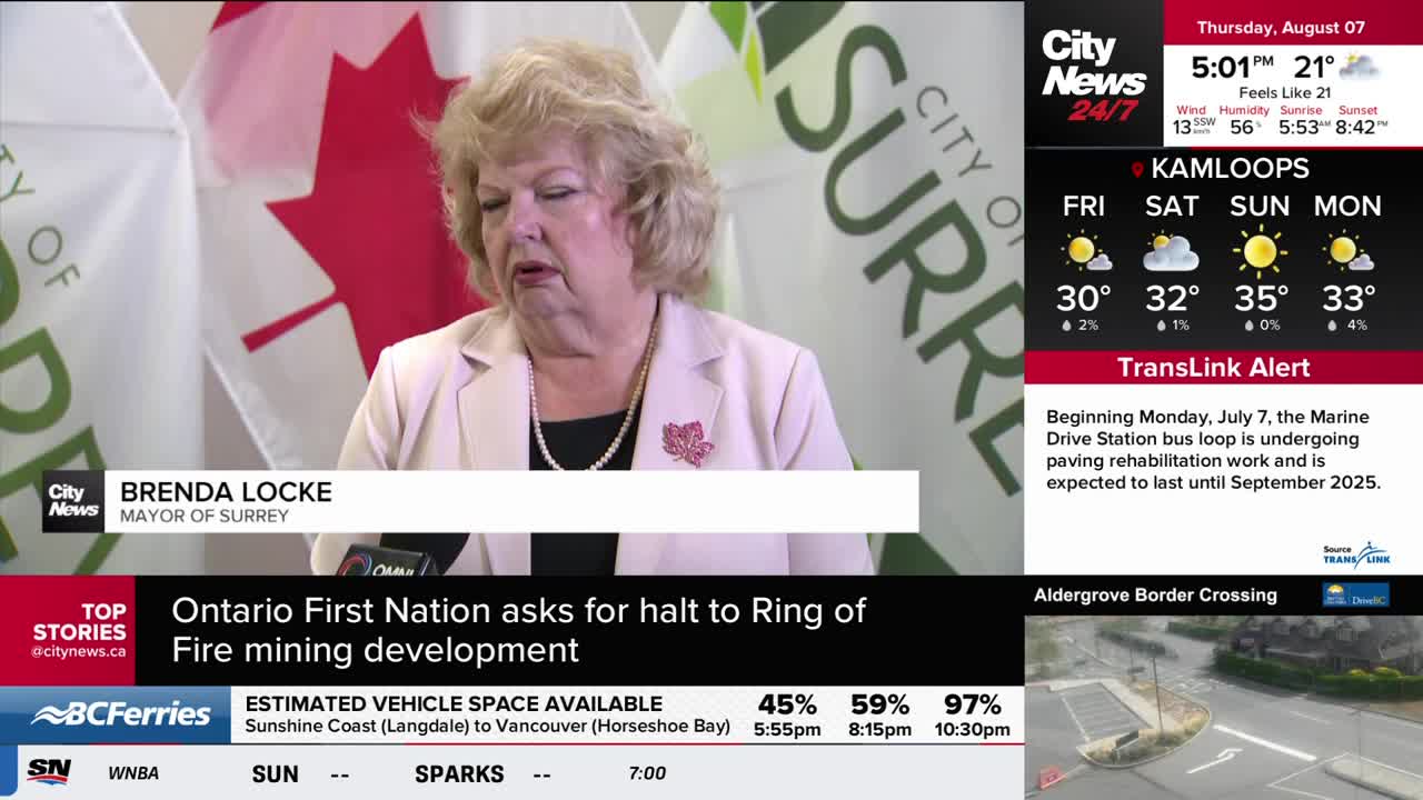 Brenda Locke, the Mayor of Surrey, is speaking, a CityNews Vancouver graphic identifying her. Behind her, a Canadian flag and a "City of Surrey" banner are visible.
