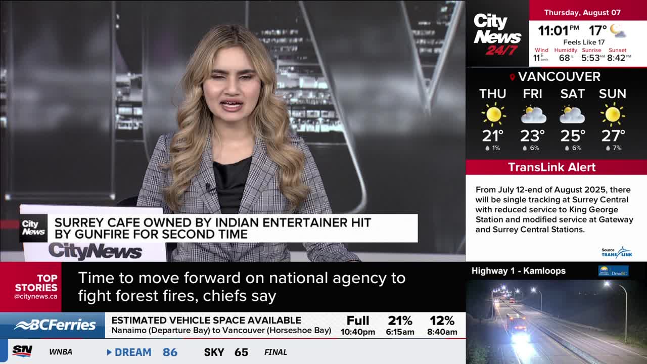 A CityNews Vancouver anchor is speaking directly to the camera, her face framed by blonde hair. Below her, headlines about a Surrey cafe and forest fires scroll across the screen.
