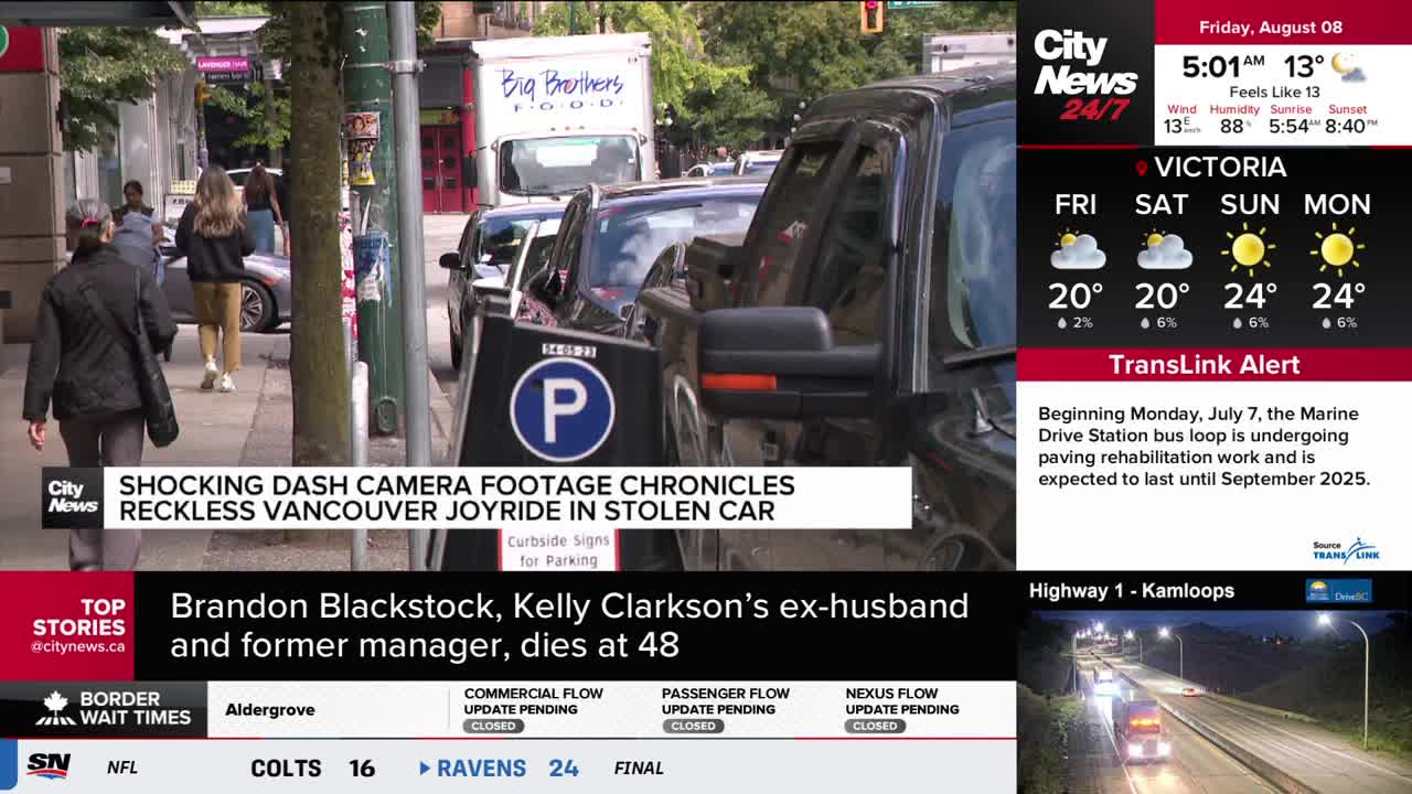 A black truck is parked on the street, next to a parking sign, as people walk on the sidewalk. The CityNews Vancouver logo is in the corner, reporting on a reckless joyride.
