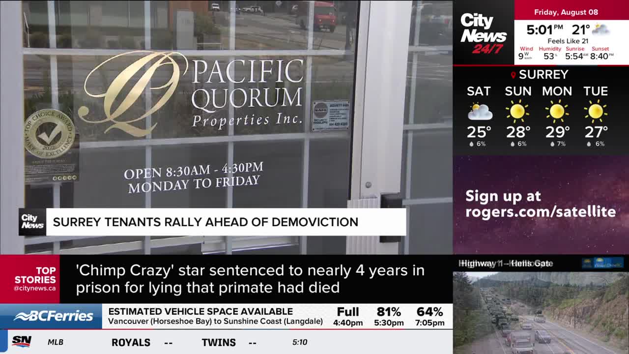 The CityNews Vancouver graphic highlights a Surrey tenants' rally. Behind the news ticker, the Pacific Quorum Properties Inc. storefront is visible, with its hours of operation posted.
