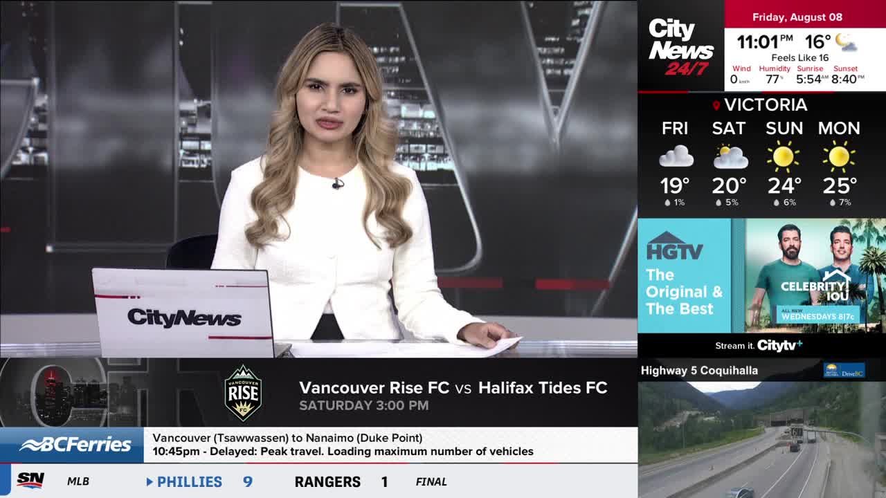 The CityNews Vancouver anchor is seated at a desk, speaking to the camera. Graphics display the weather forecast for Victoria and a sports update about the Vancouver Rise FC.

