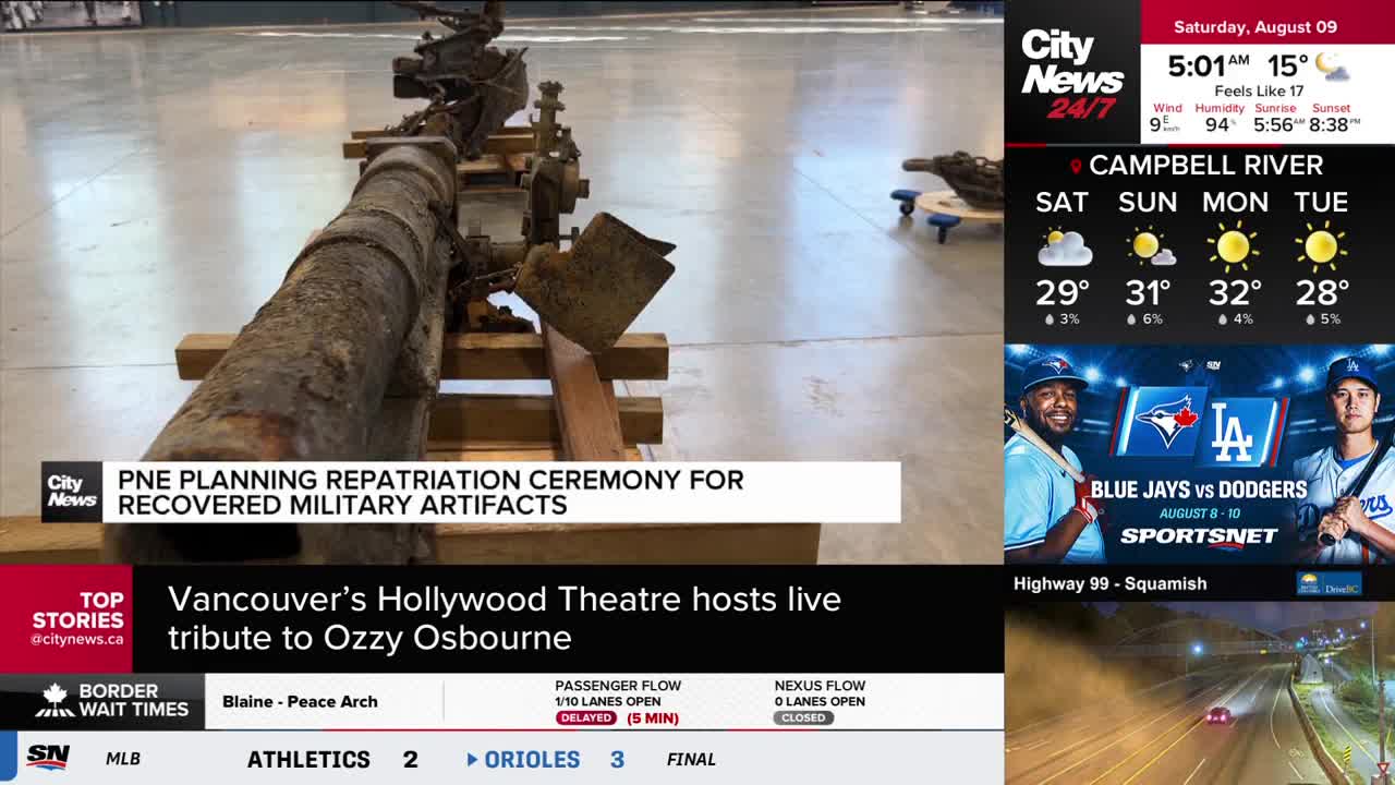 A large, weathered cannon sits on wooden supports, the focus of a CityNews Vancouver report. The artifact is displayed in a spacious room, awaiting a repatriation ceremony.
